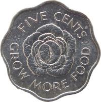 Seychelles coin 5 Cents - Elizabeth II - FAO - 2'nd Portrait (1972 - 1975) reverse reverse of 5 Cents - Elizabeth II - FAO - 2'nd Portrait (1972 - 1975) coin with KM# 18 from Seychelles. Inscription: :FIVE CENTS: GROW MORE FOOD