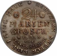 reverse of 24 Mariengroschen / 2/3 Thaler - Karl II (1824 - 1829) coin with KM# 1109 from German States. Inscription: ACHTZEHN STUECK EINE FEINE MARK 24 MARIEN GROSCHEN 1825 C.v.C. FEINES SILBER