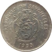 obverse of 1 Rupee (1982 - 2010) coin with KM# 50 from Seychelles. Inscription: REPUBLIC OF SEYCHELLES · 1997 ·