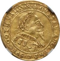 German States coin 1 Ducat - Gustav II Adolf - Swedish Occupation (1632 - 1634) obverse obverse of 1 Ducat - Gustav II Adolf - Swedish Occupation (1632 - 1634) coin with KM# 63 from German States. Inscription: GVSTAV.ADOLPH.D.G.SVEC.GOTH.VAND.R.