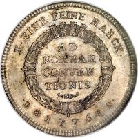 German States coin 1 Conventionsthaler - Hausen Bridge (1776) reverse reverse of 1 Conventionsthaler - Hausen Bridge (1776) coin with KM# 256 from German States. Inscription: X · EINE FEINE MARCK · AD NORMAM CONEEN TIONIS · B 1776 N ·