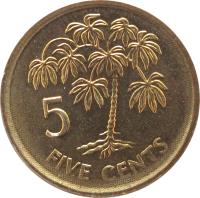reverse of 5 Cents (2007 - 2010) coin with KM# 47a from Seychelles. Inscription: 5 CENTS