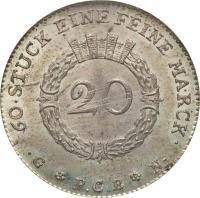 German States coin 20 Kreuzer (1776) reverse reverse of 20 Kreuzer (1776) coin with KM# 255 from German States. Inscription: 60.STUCK EINE FEINE MARCK. 20
