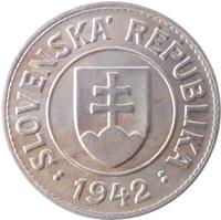 obverse of 1 Koruna (1940 - 1945) coin with KM# 6 from Slovakia. Inscription: SLOVENSKÁ REPUBLIKA : 1942 :