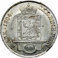 German States coin 10 Kreuzer - Karl Joachim (1804) reverse reverse of 10 Kreuzer - Karl Joachim (1804) coin with KM# 38 from German States. Inscription: MARK.1804. CXX · EINE FEINE 10