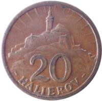 reverse of 20 Halierov (1940 - 1942) coin with KM# 4 from Slovakia. Inscription: 20 HALIEROV