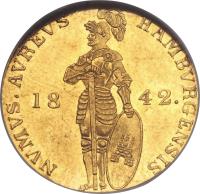 German States coin 1 Ducat - Trade Coinage (1835 - 1842) obverse obverse of 1 Ducat - Trade Coinage (1835 - 1842) coin with KM# 552 from German States. Inscription: NVMVS.AVREVS HAMBVRGENSIS 18 42.