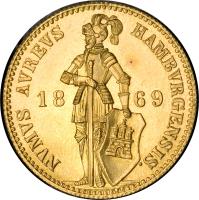 German States coin 1 Ducat - Trade Coinage (1868 - 1872) obverse obverse of 1 Ducat - Trade Coinage (1868 - 1872) coin with KM# 589 from German States. Inscription: NVMVS AUREVS HAMBVRGENSIS 18 69