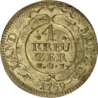 German States coin 4 Kreuzer - Ludwig IX (1759) reverse reverse of 4 Kreuzer - Ludwig IX (1759) coin with KM# 125 from German States. Inscription: LAND MÜNZ 4 KREU ZER