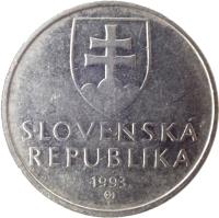 obverse of 5 Korún (1993 - 2008) coin with KM# 14 from Slovakia. Inscription: SLOVENSKÁ REPUBLIKA year of mintage (1994) Z