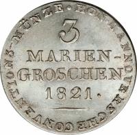 German States coin 3 Mariengroschen - George IV (1820 - 1821) reverse reverse of 3 Mariengroschen - George IV (1820 - 1821) coin with KM# 120 from German States. Inscription: HANNOVERSCHE CONVENTIONS-MUNZE.KON 3 MARIEN-GROSCHEN 1821.