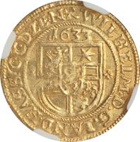 obverse of 1 Goldgulden - Wilhelm V (1633 - 1634) coin with KM# 144 from German States. Inscription: WILHELM.D.G.LAND.HASS.C.C.D.Z.E:N. 1633