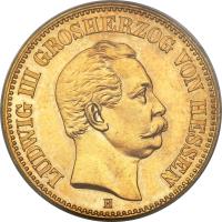 German States coin 20 Mark - Ludwig III (1872) obverse obverse of 20 Mark - Ludwig III (1872) coin with KM# 351 from German States. Inscription: LUDWIG III GROSHERZOG VON HESSEN H