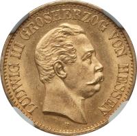 German States coin 10 Mark - Ludwig III (1872 - 1873) obverse obverse of 10 Mark - Ludwig III (1872 - 1873) coin with KM# 350 from German States. Inscription: LUDWIG III GROSHERZOG VON HESSEN
