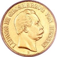 German States coin 10 Mark - Ludwig III (1875 - 1877) obverse obverse of 10 Mark - Ludwig III (1875 - 1877) coin with KM# 354 from German States. Inscription: LUDWIG III GROSHERZOG VON HESSEN H