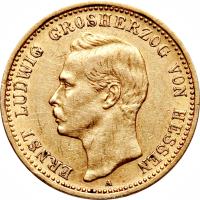 German States coin 10 Mark - Ernst Ludwig (1896 - 1898) obverse obverse of 10 Mark - Ernst Ludwig (1896 - 1898) coin with KM# 370 from German States. Inscription: ERNST LUDWIG GROSHERZOG VON HESSEN A