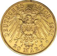 German States coin 20 Mark - Ernst Ludwig (1896 - 1903) reverse reverse of 20 Mark - Ernst Ludwig (1896 - 1903) coin with KM# 371 from German States. Inscription: DEUTSCHES REICH 1901 * 20 MARK *