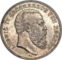 German States coin 5 Mark - Ludwig IV (1891) obverse obverse of 5 Mark - Ludwig IV (1891) coin with KM# 364 from German States. Inscription: LUDWIG IV GROSHERZOG VON HESSEN