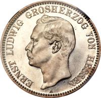 German States coin 2 Mark - Ernst Ludwig (1895 - 1900) obverse obverse of 2 Mark - Ernst Ludwig (1895 - 1900) coin with KM# 368 from German States. Inscription: ERNST LUDWIG GROSHERZOG VON HESSEN