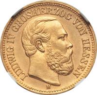 German States coin 10 Mark - Ludwig IV (1878 - 1880) obverse obverse of 10 Mark - Ludwig IV (1878 - 1880) coin with KM# 358 from German States. Inscription: LUDWIG IV GROSHERZOG VON HESSEN