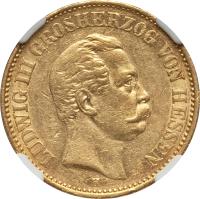 German States coin 20 Mark - Ludwig III (1874) obverse obverse of 20 Mark - Ludwig III (1874) coin with KM# 352 from German States. Inscription: LUDWIG III GROSHERZOG VON HESSEN