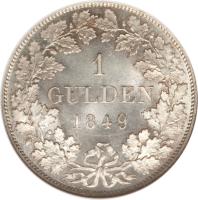 German States coin 1 Gulden - Karl Anton (1849) reverse reverse of 1 Gulden - Karl Anton (1849) coin with KM# 25 from German States. Inscription: 1 GULDEN 1849