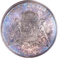 German States coin 2 Gulden - Karl Anton (1849) reverse reverse of 2 Gulden - Karl Anton (1849) coin with KM# 26 from German States. Inscription: ZWEI GULDEN 1849