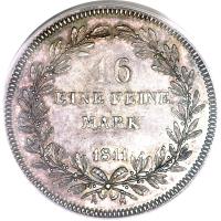 German States coin 1/16 Mark - Karl I (1811) reverse reverse of 1/16 Mark - Karl I (1811) coin with KM# 48 from German States. Inscription: 16 EINE FEINE MARK 1811