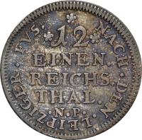 German States coin 1/12 Thaler - Johann Wilhelm (1710 - 1714) reverse reverse of 1/12 Thaler - Johann Wilhelm (1710 - 1714) coin with KM# 136 from German States. Inscription: NACH.DEN.LEIPZIGER.FVS. *12* EINEN. REICHS. THAL. .N.P.