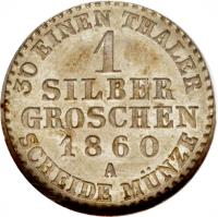 German States coin 1 Silber Groschen - Paul Friedrich Emil Leopold III (1860) reverse reverse of 1 Silber Groschen - Paul Friedrich Emil Leopold III (1860) coin with KM# 265 from German States. Inscription: 30 EINEN THALER 1 SILBER GROSCHEN 1860 A SCHEIDE MÜNZE