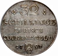 German States coin 32 Schilling - Franz II (1796 - 1797) reverse reverse of 32 Schilling - Franz II (1796 - 1797) coin with KM# 199 from German States. Inscription: 32 SCHILLINGE LÜBISCH COURANT GELD 17 97