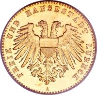 German States coin 10 Mark (1901 - 1904) obverse obverse of 10 Mark (1901 - 1904) coin with KM# 211 from German States. Inscription: FREIE UND HANSESTADT LÜBECK A