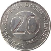 Slovenia coin 20 Tolarjev (2003 - 2006) obverse obverse of 20 Tolarjev (2003 - 2006) coin with KM# 51 from Slovenia. Inscription: REPUBLIKA SLOVENIJA DVAJSET TOLARJEV 20 2004