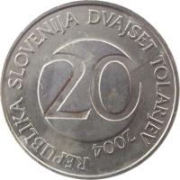 obverse of 20 Tolarjev (2003 - 2006) coin with KM# 51 from Slovenia. Inscription: REPUBLIKA SLOVENIJA DVAJSET TOLARJEV 20 2004