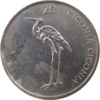 Slovenia coin 20 Tolarjev (2003 - 2006) reverse reverse of 20 Tolarjev (2003 - 2006) coin with KM# 51 from Slovenia. Inscription: 20 CICONIA CICONIA