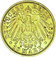 German States coin 10 Mark - Friedrich Franz III (1890) reverse reverse of 10 Mark - Friedrich Franz III (1890) coin with KM# 325 from German States. Inscription: DEUTSCHES REICH 1890 * 10 Mark *