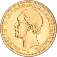 obverse of 20 Mark - Friedrich Wilhelm (1873) coin with KM# 105 from German States. Inscription: FRIEDRICH WILH. V. G. G. GROSSH V. MECKLENB. STRL