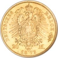 reverse of 20 Mark - Friedrich Wilhelm (1873) coin with KM# 105 from German States. Inscription: DEUTSCHES REICH 20 M. 1873