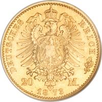 German States coin 20 Mark - Friedrich Wilhelm (1873) reverse reverse of 20 Mark - Friedrich Wilhelm (1873) coin with KM# 105 from German States. Inscription: DEUTSCHES REICH 20 M. 1873