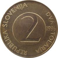 Slovenia coin 2 Tolarja (1992 - 2006) obverse obverse of 2 Tolarja (1992 - 2006) coin with KM# 5 from Slovenia. Inscription: REPUBLIKA SLOVENIJA DVA TOLARJA 2 2004