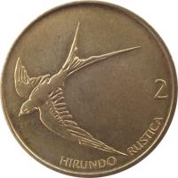 reverse of 2 Tolarja (1992 - 2006) coin with KM# 5 from Slovenia. Inscription: HIRUNDO RUSTICA 2