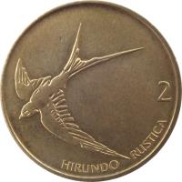 Slovenia coin 2 Tolarja (1992 - 2006) reverse reverse of 2 Tolarja (1992 - 2006) coin with KM# 5 from Slovenia. Inscription: HIRUNDO RUSTICA 2