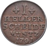 German States coin 1 Heller - Wilhelm V (1766 - 1791) reverse reverse of 1 Heller - Wilhelm V (1766 - 1791) coin with KM# 9 from German States. Inscription: I HELLER SCHEIDE MUNTZ 1791