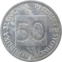 obverse of 50 Stotinov (1992 - 2006) coin with KM# 3 from Slovenia. Inscription: REPUBLIKA SLOVENIJA PETDESET STOTINOV 50 1993