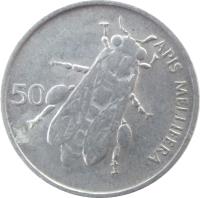 reverse of 50 Stotinov (1992 - 2006) coin with KM# 3 from Slovenia. Inscription: APIS MELLIFERA 50