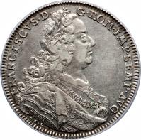 German States coin 1 Conventionsthaler - Franz (1754) obverse obverse of 1 Conventionsthaler - Franz (1754) coin with KM# 316 from German States. Inscription: FRANCISCVS · D · G · ROM · IMP · SEMP · AVG · P.P.W. C.G.L