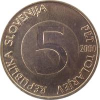 obverse of 5 Tolarjev (1992 - 2006) coin with KM# 6 from Slovenia. Inscription: REPUBLIKA SLOVENIJA PET TOLARJEV 5 2000