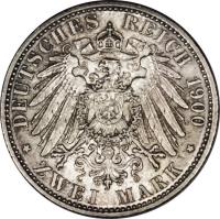 German States coin 2 Mark - Friedrich August (1900 - 1901) reverse reverse of 2 Mark - Friedrich August (1900 - 1901) coin with KM# 202 from German States. Inscription: DEUTSCHES REICH 1900 * ZWEI MARK *