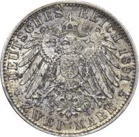 reverse of 2 Mark - Nicolaus Friedrich Peter (1891) coin with KM# 201 from German States. Inscription: DEUTSCHES REICH 1891 * 2 MARK *