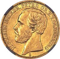 German States coin 10 Mark - Nicolaus Friedrich Peter (1874) obverse obverse of 10 Mark - Nicolaus Friedrich Peter (1874) coin with KM# 200 from German States. Inscription: NICOLAUS FRIEDR.PETER GR.H.V.OLDENBURG B